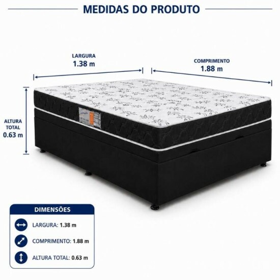 Colch�o Casal 100% Espuma Extra Firme Lestespuma + Base Box Ba� Casal Confort Sued Preto Blindado Issacar - 138x188x63 cm