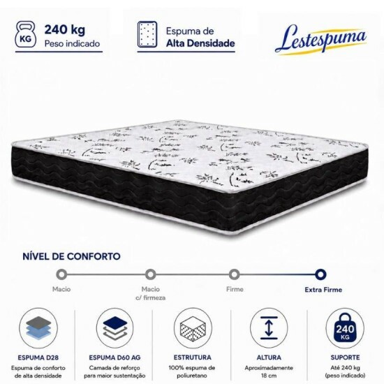 Colch�o Casal 100% Espuma Extra Firme Lestespuma + Base Box Ba� Casal Confort Sued Preto Blindado Issacar - 138x188x63 cm