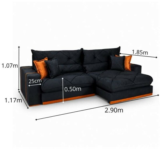 Sof� Retr�til Reclin�vel Gran Bello 2.90m Veludo Preto 24 - Molas Ensacadas