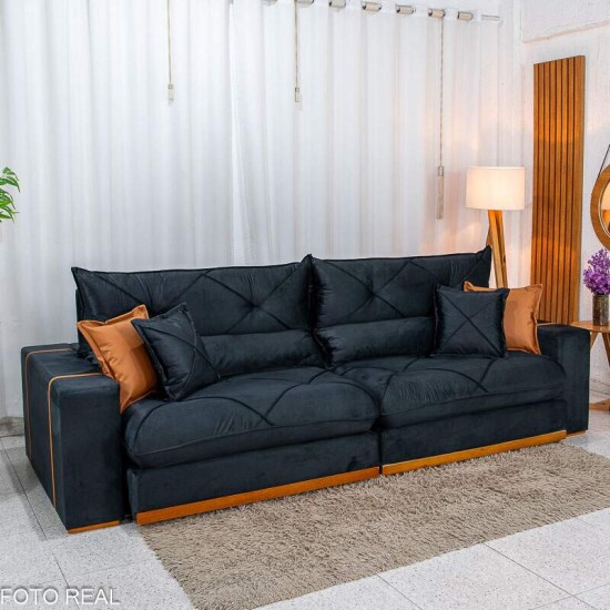 Sof� Retr�til Reclin�vel Gran Bello 2.90m Veludo Preto 24 - Molas Ensacadas