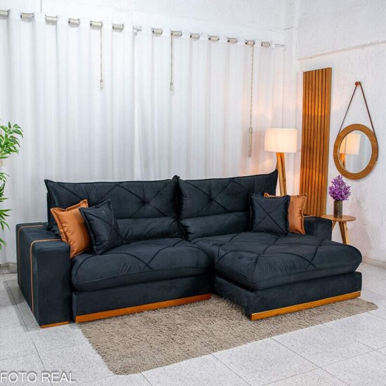 Sof� Retr�til Reclin�vel Gran Bello 2.90m Veludo Preto 24 - Molas Ensacadas