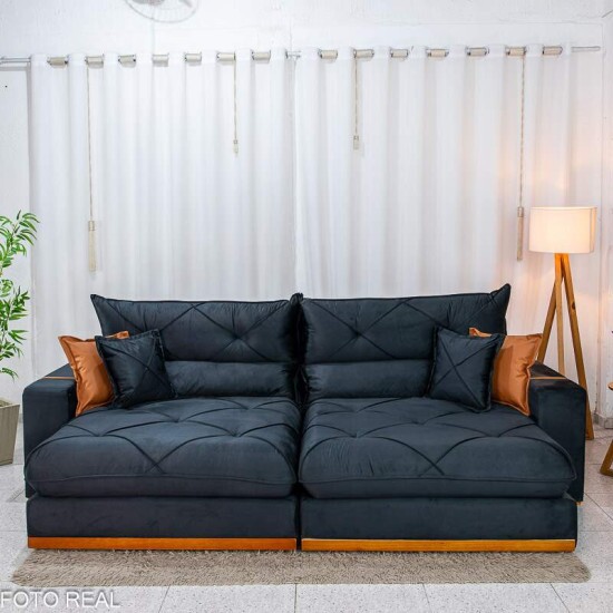 Sof� Retr�til Reclin�vel Gran Bello 2.90m Veludo Preto 24 - Molas Ensacadas