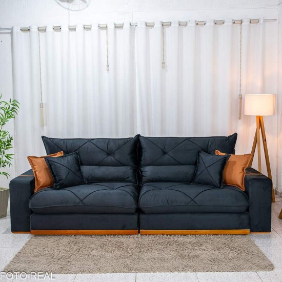 Sof� Retr�til Reclin�vel Gran Bello 2.90m Veludo Preto 24 - Molas Ensacadas