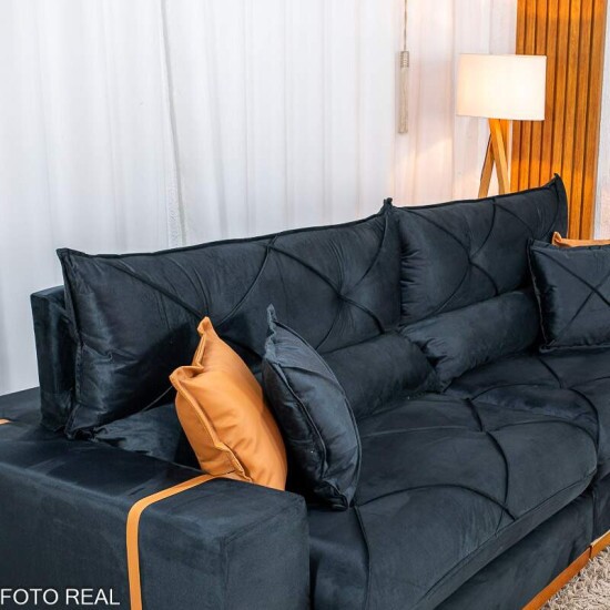 Sof� Retr�til Reclin�vel Gran Bello 2.90m Veludo Preto 24 - Molas Ensacadas