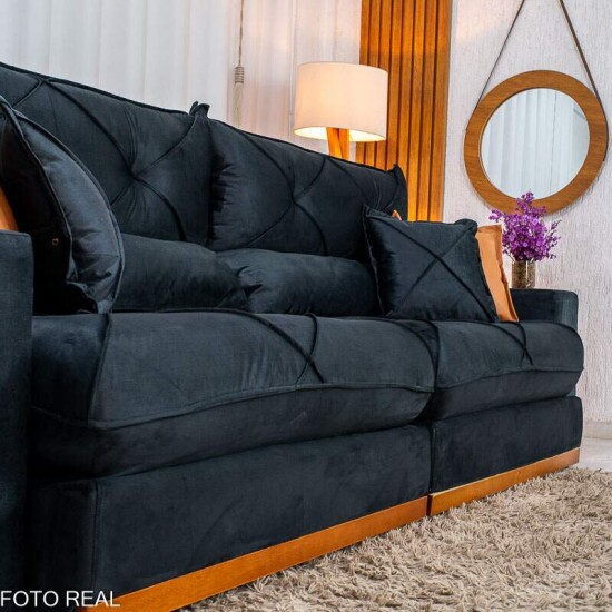 Sof� Retr�til Reclin�vel Gran Bello 2.90m Veludo Preto 24 - Molas Ensacadas