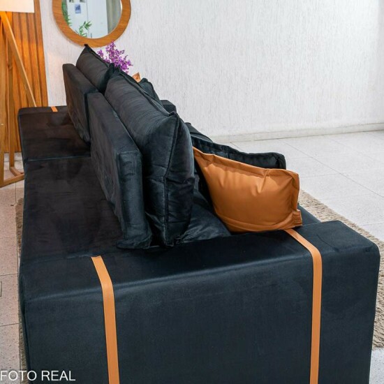 Sof� Retr�til Reclin�vel Gran Bello 2.90m Veludo Preto 24 - Molas Ensacadas