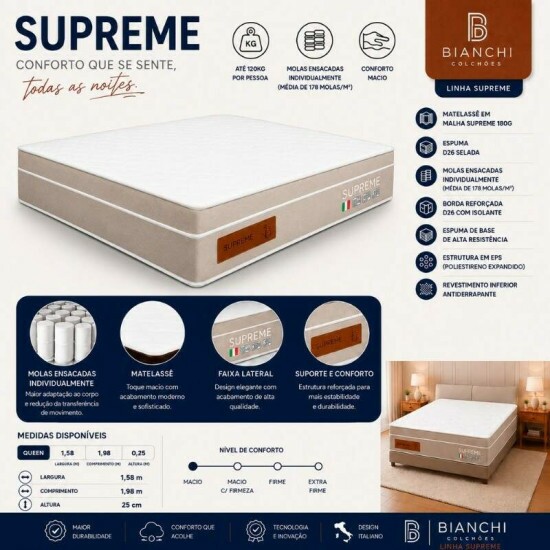 Colch�o Queen Supreme 158x198x25 Molas Ensacadas - Bianchi | Suporta at� 240kg