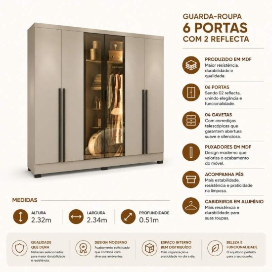 Guarda-roupa Memphis Larg. 2.34m Duna 6 Portas C/2 Reflecta C/Led 4 Gavetas - J&A M�veis