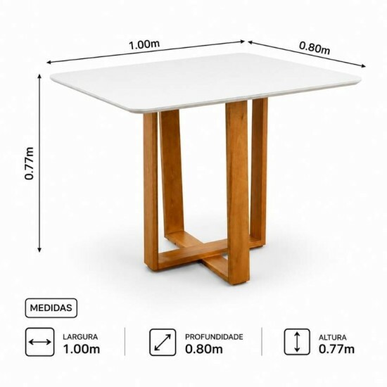 Mesa T�quio 100x80 Vidro Off/Base Base Madeira - Entregue Montada