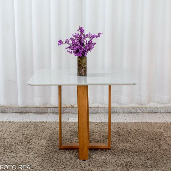 Mesa T�quio 100x80 Vidro Off/Base Base Madeira - Entregue Montada