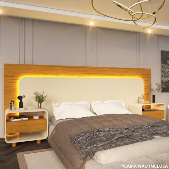 Cabeceira Innova com 2 Criados C/Led Naturale/Off White Casal/Queen/King - Gelius