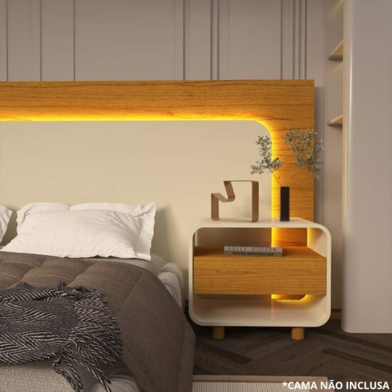 Cabeceira Innova com 2 Criados C/Led Naturale/Off White Casal/Queen/King - Gelius