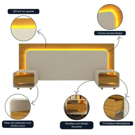 Cabeceira Innova com 2 Criados C/Led Naturale/Off White Casal/Queen/King - Gelius