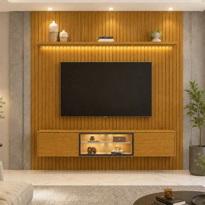 Painel Nobre Larg. 1.85m Naturale Ripado + Nicho Larg. 1.51m Luminare Naturale C/Led para TV at� 75