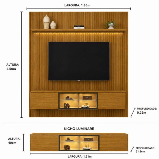 Painel 1,85m Nobre Naturale com Detalhe Ripado + Nicho 1,51m Luminare Naturale com LED para TV at� 75\\\" - Gelius
