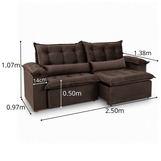Sof� Retr�til Reclin�vel Niger 2.50m Veludo Marrom B131 - Sem Caixa