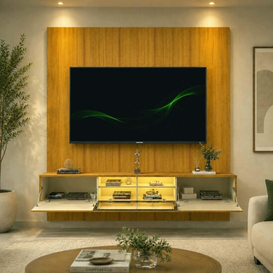 Painel Realce 2.20m Naturale + Nicho Luminare 2.15m Naturale C/Led TV 85 Polegadas - Gelius