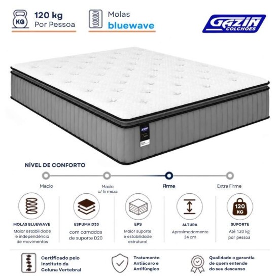 Colch�o Casal Molas Ensacadas BlueWave Tower Gazin 138x188x34 cm | Suporta at� 240kg