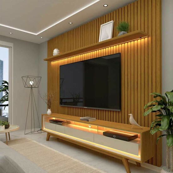 Rack Requinte 2.12m Naturale/off C/ Led 100% MDF + Painel Nobre Ripado 2.30m Naturale 100% MDF C/ Led TV at� 85\\\" - Gelius
