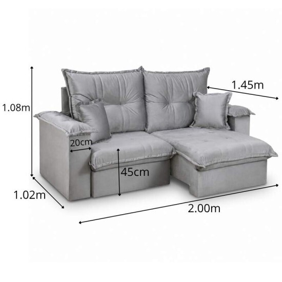 Sof� Retr�til Reclin�vel Bela 2.00m Veludo Prata 20