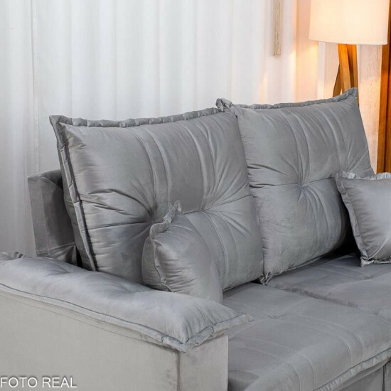 Sof� Retr�til Reclin�vel Bela 2.00m Veludo Prata 20