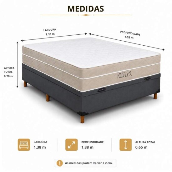 Colch�o Casal Molas Ensacadas Airflex Bioflex + Base Box Ba� Casal Carioca Sued Cinza Blindado Bioflex - 138x188x70