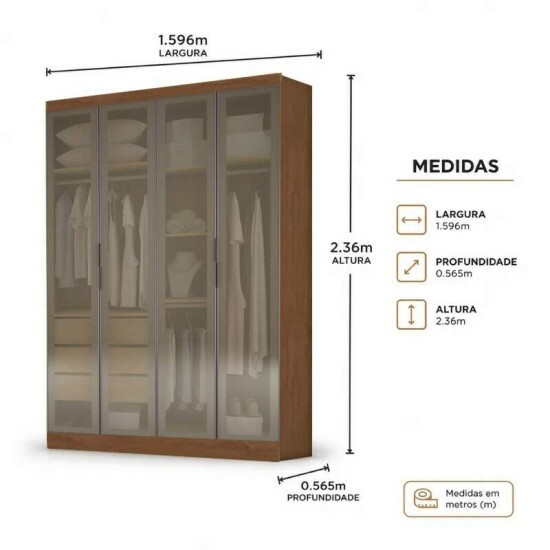 Modulado Guarda-roupa Rizon Cumaru Larg. 1.59m 4 Portas Reflecta 3 Gavetas - Novo Horizonte