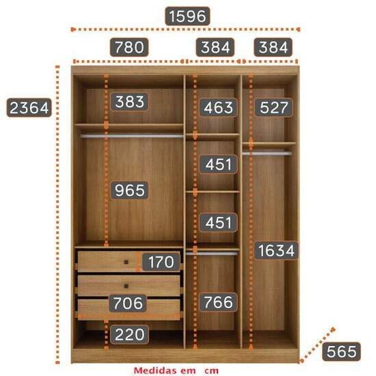 Modulado Guarda-roupa Rizon Cumaru Larg. 1.59m 4 Portas Reflecta 3 Gavetas - Novo Horizonte