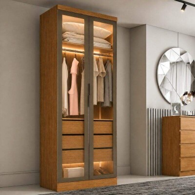 Modulado Guarda-roupa Rizon Cumaru Larg. 0.804m com Led 2 Portas Reflecta 3 Gavetas - Novo Horizonte