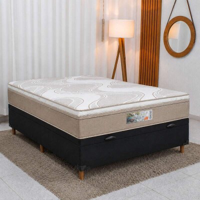 Colch�o Casal Dom Molas Ensacadas + Base Box Ba� Casal Carioca Sued Preto 138x188x72 Blindado - Bioflex | Suporta at� 240kg