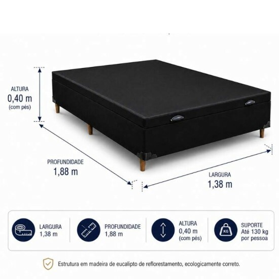 Colch�o Casal Molas Ensacadas Dom Bioflex + Base Box Ba� Casal Carioca Sued Preto Blindado Bioflex - 138x188x72