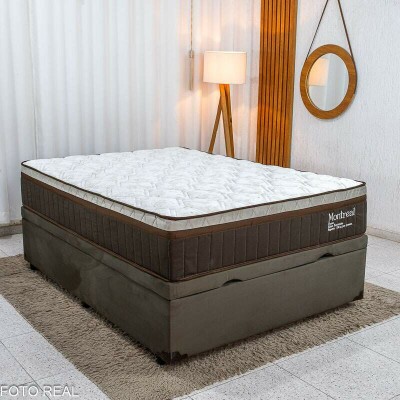 Colch�o Casal Molas Ensacadas Montreal Viero + Base Box Casal Ba� Prime Confort Sued Marrom Blindado Issacar - 138x188x77