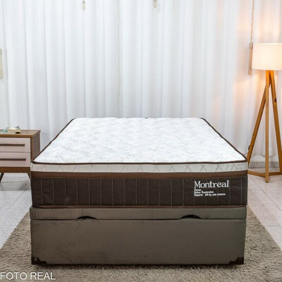 Colch�o Casal Molas Ensacadas Montreal Viero + Base Box Casal Ba� Prime Confort Sued Marrom Blindado Issacar - 138x188x77