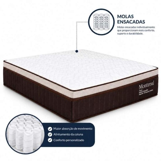 Colch�o Casal Molas Ensacadas Montreal Viero + Base Box Casal Ba� Prime Confort Sued Marrom Blindado Issacar - 138x188x77