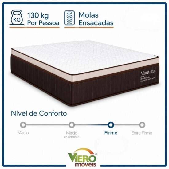 Colch�o Casal Molas Ensacadas Montreal Viero + Base Box Casal Ba� Prime Confort Sued Marrom Blindado Issacar - 138x188x77