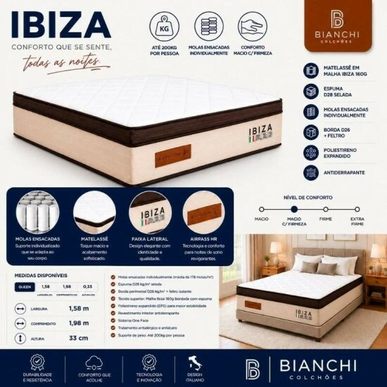 Colch�o Queen Molas Ensacadas Ibiza Bianchi + Base Box Ba� Queen Confort Linh�o Palha Blindado Issacar - 158x198x78