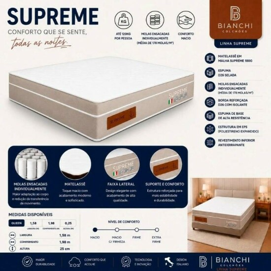 Colch�o Queen Supreme Molas Ensacadas - Bianchi + Base Box Ba� Queen Bipartido Prime Confort Linh�o Palha Blindado - Issacar 158x198x78 | Suporta at� 400kg