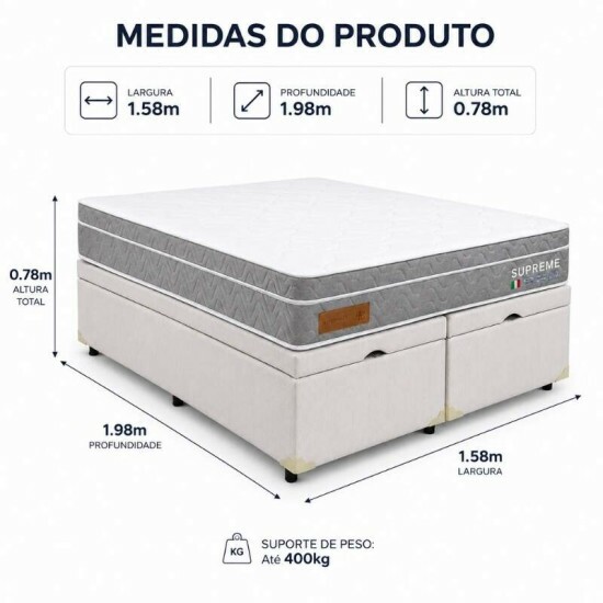 Colch�o Queen Supreme Molas Ensacadas - Bianchi + Base Box Ba� Queen Bipartido Prime Confort Linh�o Palha Blindado - Issacar 158x198x78 | Suporta at� 400kg