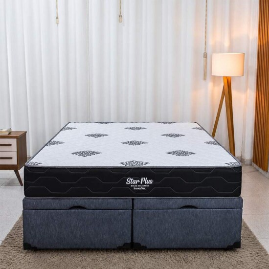 Colch�o Queen Molas Ensacadas Pocket Star Plus Inovaflex + Base Box Ba� Queen Bipartido Confort Linh�o Petr�leo Blindado Issacar - 158x198x70