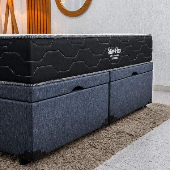 Colch�o Queen Molas Ensacadas Pocket Star Plus Inovaflex + Base Box Ba� Queen Bipartido Confort Linh�o Petr�leo Blindado Issacar - 158x198x70