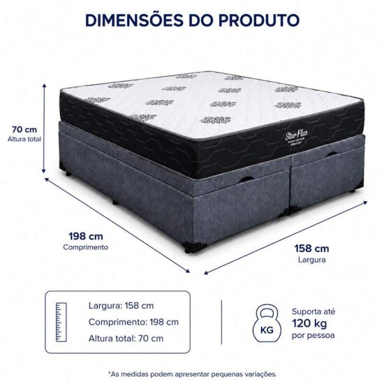 Colch�o Queen Molas Ensacadas Pocket Star Plus Inovaflex + Base Box Ba� Queen Bipartido Confort Linh�o Petr�leo Blindado Issacar - 158x198x70