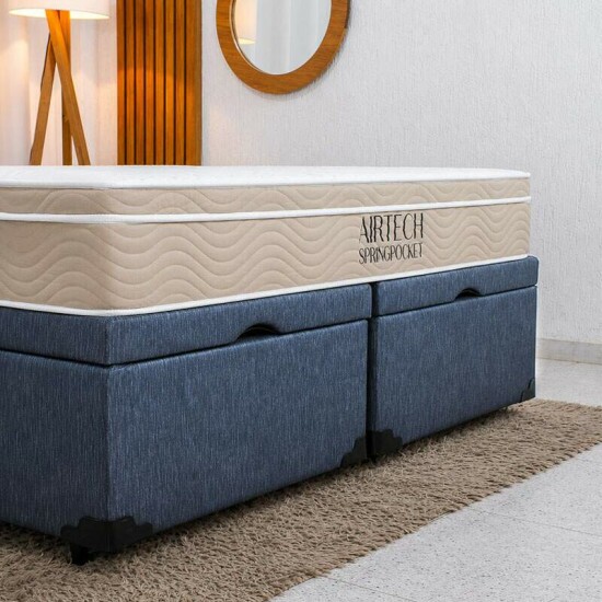 Colch�o Queen Molas Ensacadas Airtech Springpocket Ortobom + Base Box Queen Ba� Bipartido Prime Confort Linh�o Petr�leo Blindado Issacar - 158x198x70