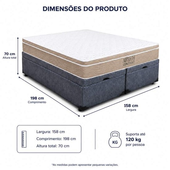 Colch�o Queen Molas Ensacadas Airtech Springpocket Ortobom + Base Box Queen Ba� Bipartido Prime Confort Linh�o Petr�leo Blindado Issacar - 158x198x70