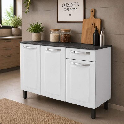 Balc�o de Cozinha Rose Larg. 1.05m Branco 3 Portas 1 Gaveta em A�o - Itatiaia