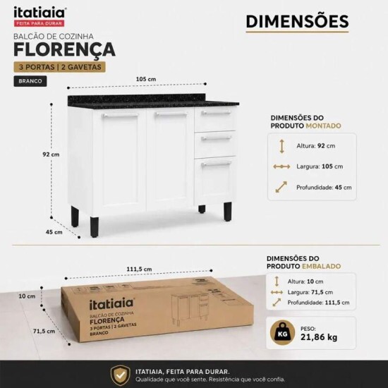 Balc�o Cozinha Floren�a Larg. 1.05m Branco 3 Portas 2 Gavetas em A�o - Itatiaia