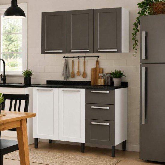 Balc�o de Cozinha em A�o 1,05m Floren�a Branco/Grafite + A�reo 1,05m Floren�a Branco/Grafite - Itatiaia