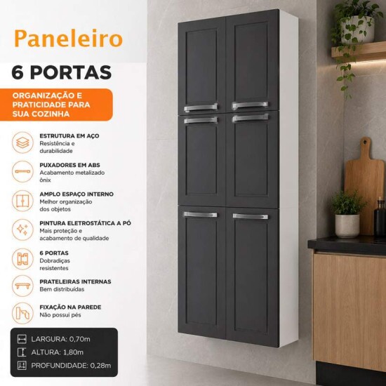 Paneleiro Floren�a Larg. 0.70m Grafite 6 Portas em A�o - Itatiaia