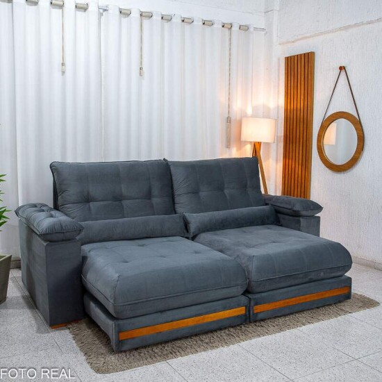 Sof� Retr�til Reclin�vel Gran Master 2.30m Veludo Cinza - D33 e Molas Ensacadas