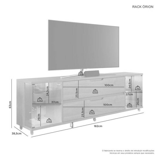 Rack �reon Larg. 1.82m Cinamomo 2 Portas Reflect C/LED 2 Gavetas Para TV\\\'s at� 70\\\'\\\' - JCM