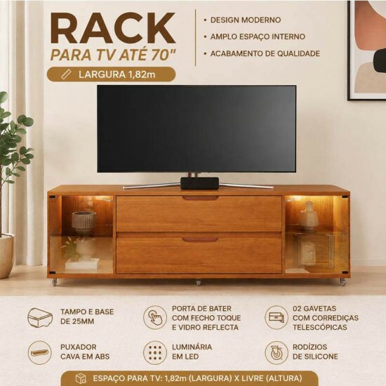 Rack �reon Larg. 1.82m Cinamomo 2 Portas Reflect C/LED 2 Gavetas Para TV\\\'s at� 70\\\'\\\' - JCM
